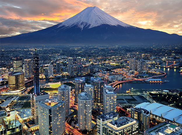 city skyline with snow capped mountain in the background
